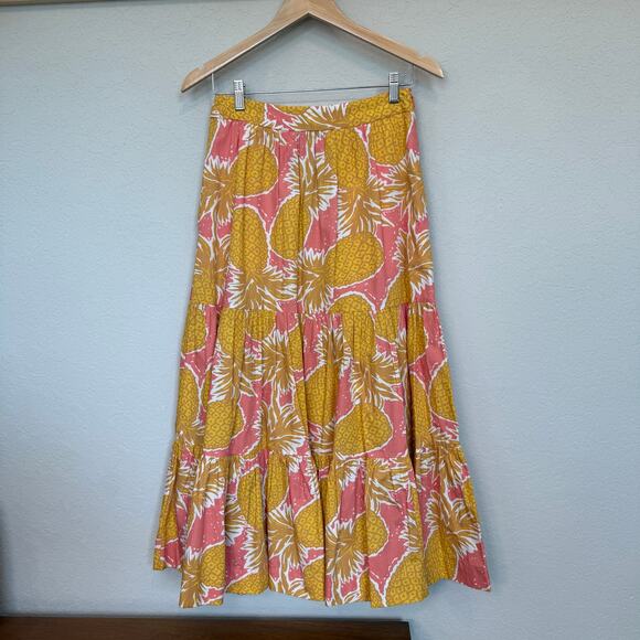Women's Boden Tiered Pink‎ and Yellow Pineapple Tropical Midi Skirt Size 4P - Picture 6 of 7